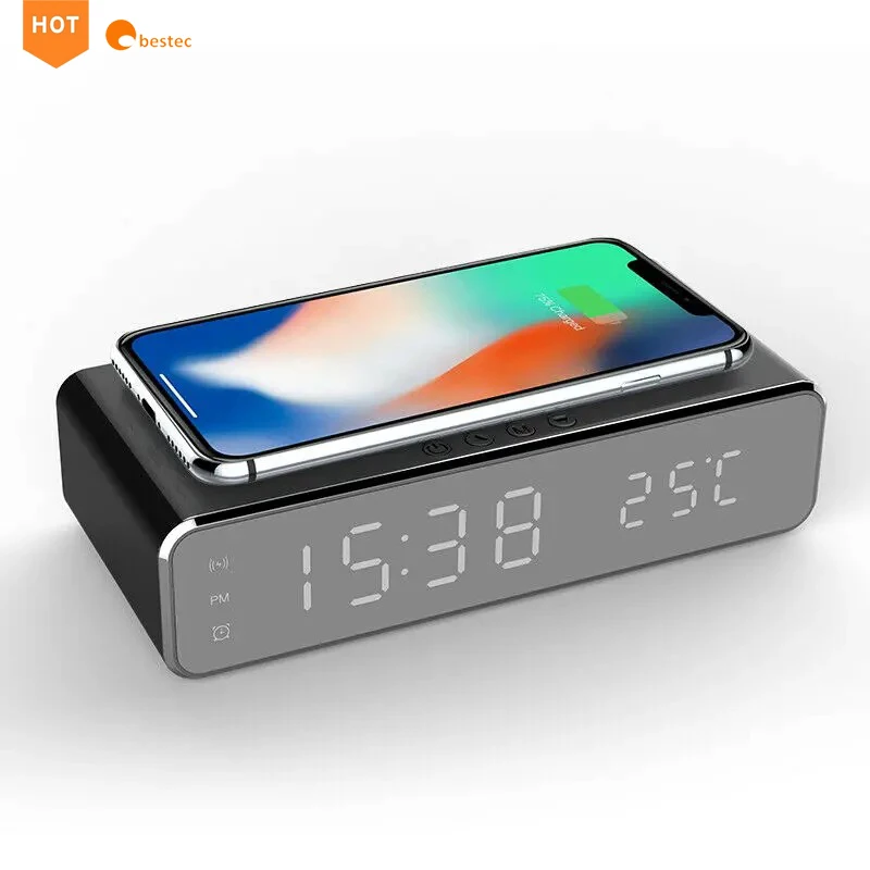 Multi-Function qi Wireless Charger with Desktop LED Digital Thermometer Clock and Time memory for Bedroom,Table