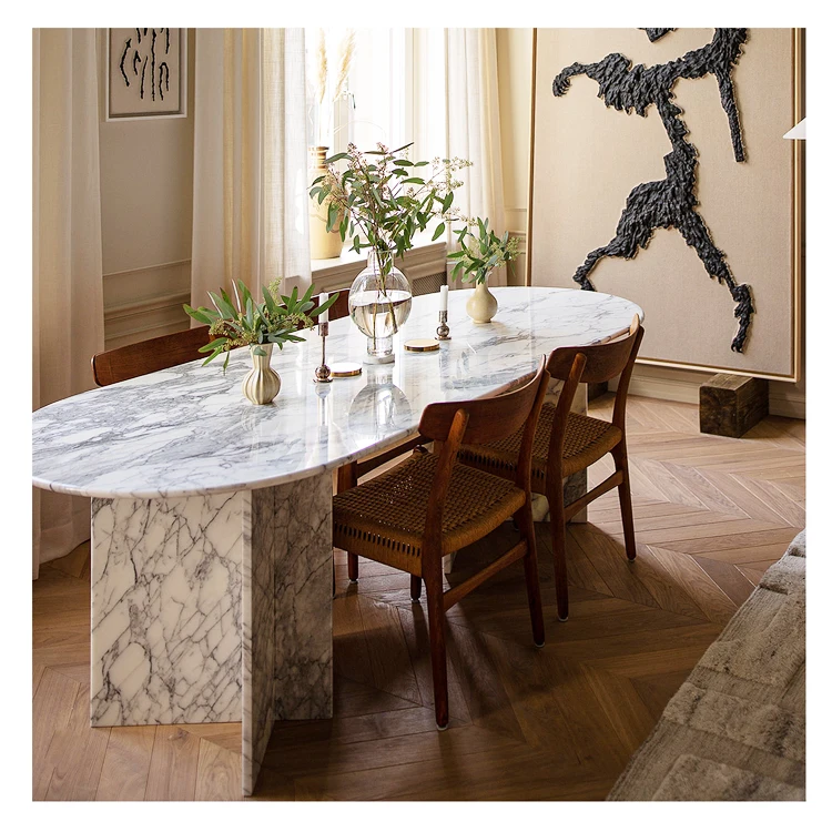 European Customized 240cm Marble Dining Table Coffee Two Panel Bases Design Long