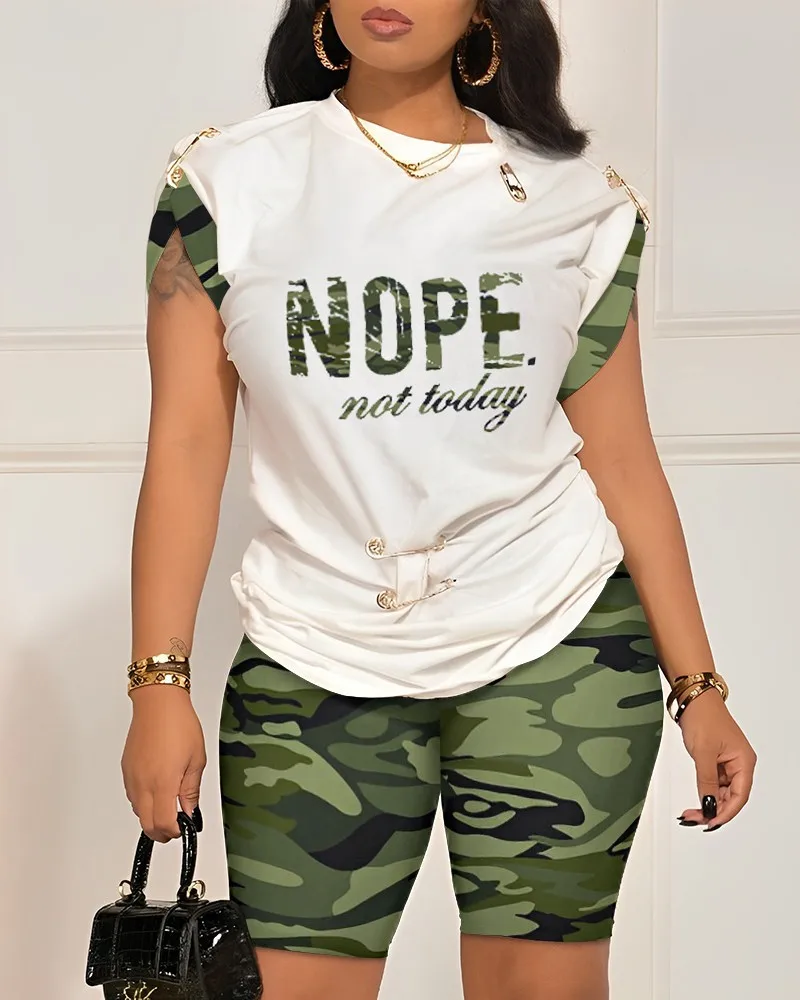 New Product Popular Best Selling Fashion Element Printing Round Neck Short Sleeve Top Shorts Set Women