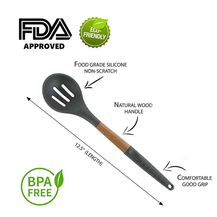 Natural Wood Kitchen Utensils 6 pcs Eco Friendly & BPA Free Non Stick Silicone Cooking Utensils Set