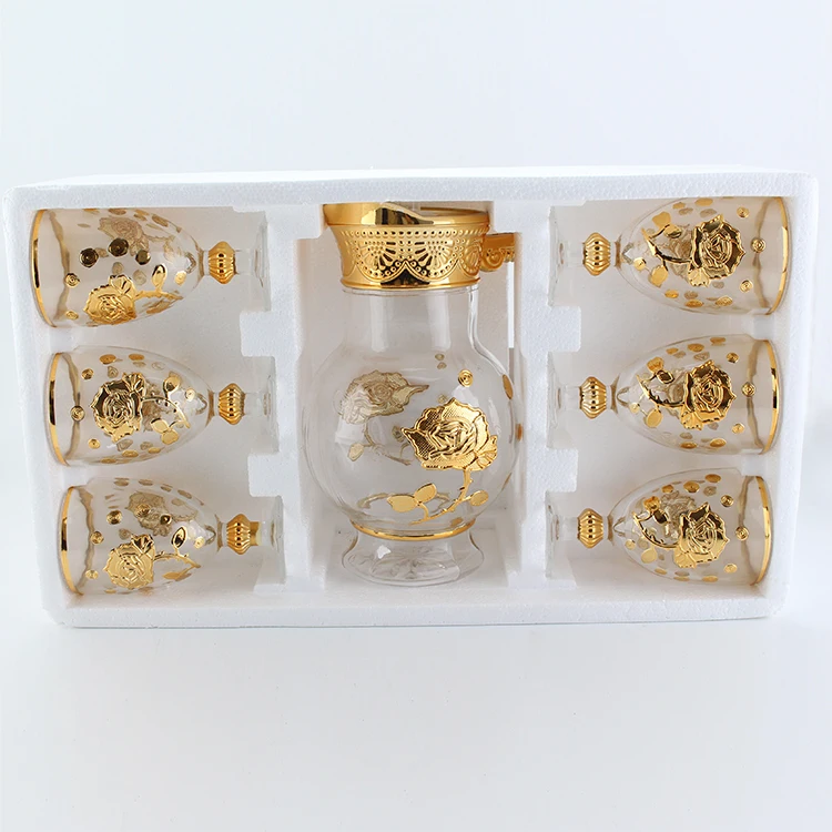 New Wholesale Golden Water Jug Glass Water Set 7pcs glass tumbler jug Pitcher Set With Lid glass water set