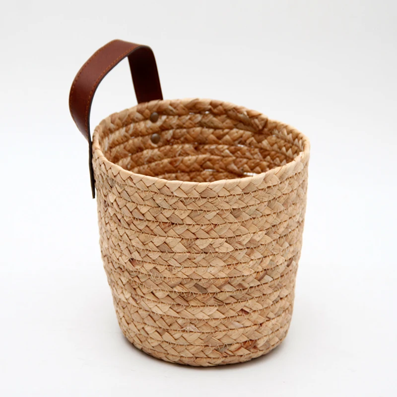 Woven Gourd Grass Braid Round Storage Basket with Leather Handle for Kitchen Vegetable