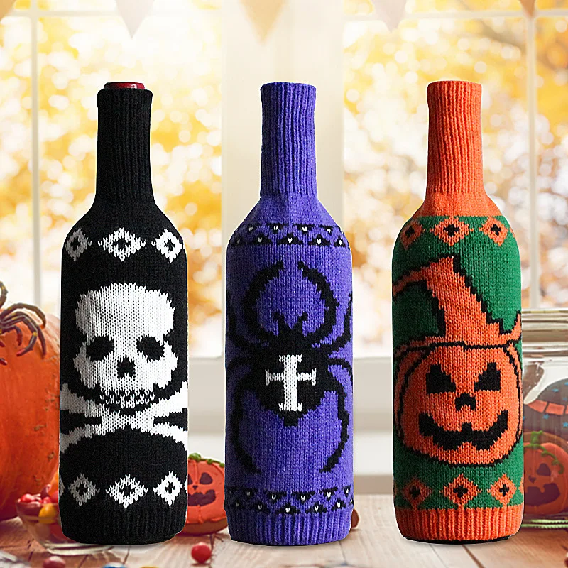 Halloween Wine Bottle Cover Skull Pumpkin Knitted Champagne Red Wine Bottle Bag Table Decoration Supplies Wholesale