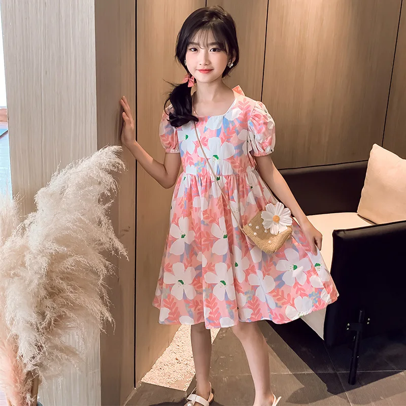 2022 Summer New Design Kids Girls Dress 4-9 Year old Short Sleeve Girl Dress with Free Flower Bag