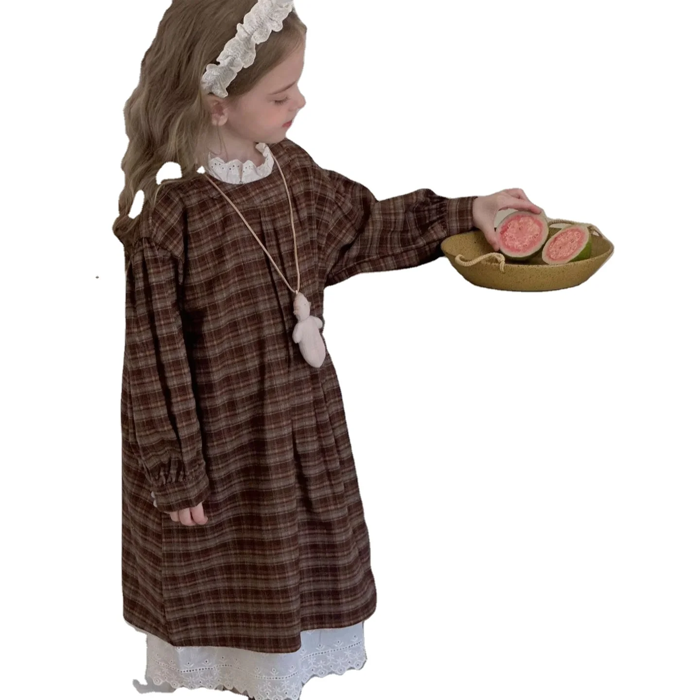 1400 new arrival princess design little baby girls brown plaid dresses infant toddler kids wool dress for winter clothing