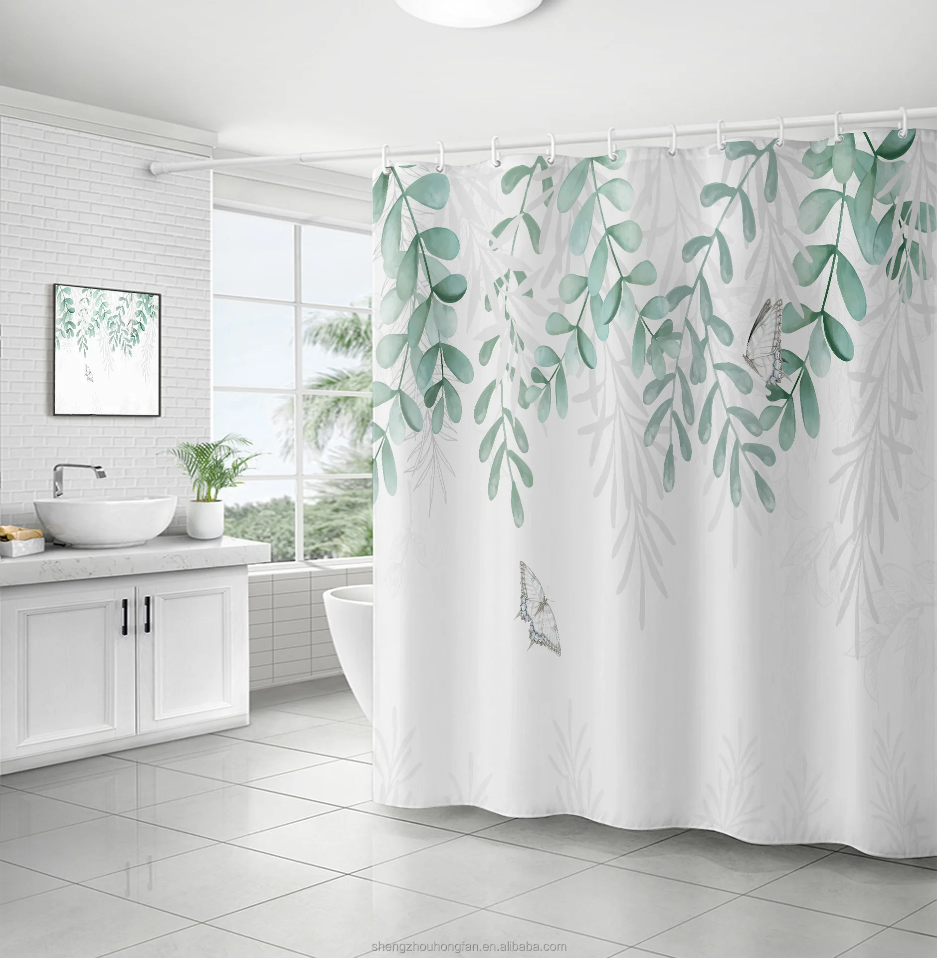 Shower Curtain, Green Shower Curtains for Bathroom, 3D Printing Washable Waterproof Cloth Plant Leaf Fabric Shower Curtain