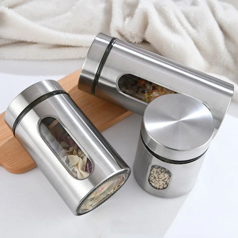 Top Grade Stainless Steel Visual Glass Coffee Beans Grains Storage Jar Glass Storage Containers