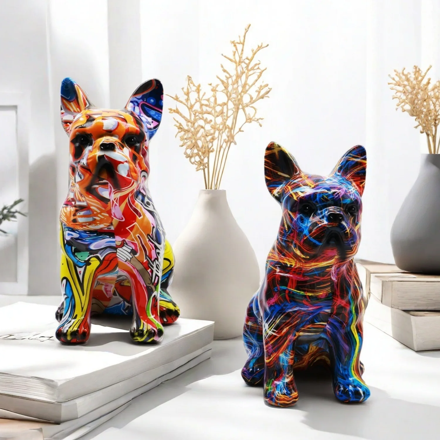 Colorful Graffiti English Dog  Animal Sculpture Statue Sculpture Fashion Resin Craft Art Figurine Cabinet Room Home Decor Dog