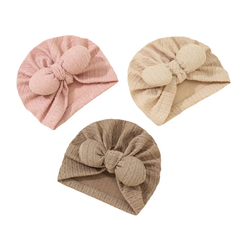 WD-A485  Handmade Cotton Spandex Infant Bow Tie Cute Waffle Beanie Hat The White Head Warp Headband Floral Turbans For Baby