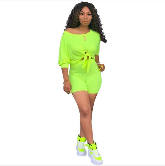 
Skinny High Waist Shorts Chest Knot Design Crop Top Off-shoulder 2 Piece Set 