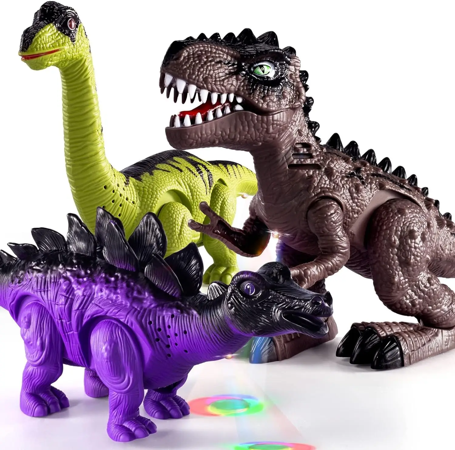 TEMI 3 Pack Electric Walking Dinosaur Toys for 3+ Years old,with Sounds and Lights Up,T-Rex, Brachiosaurus, Stegosaurus Dinosaur
