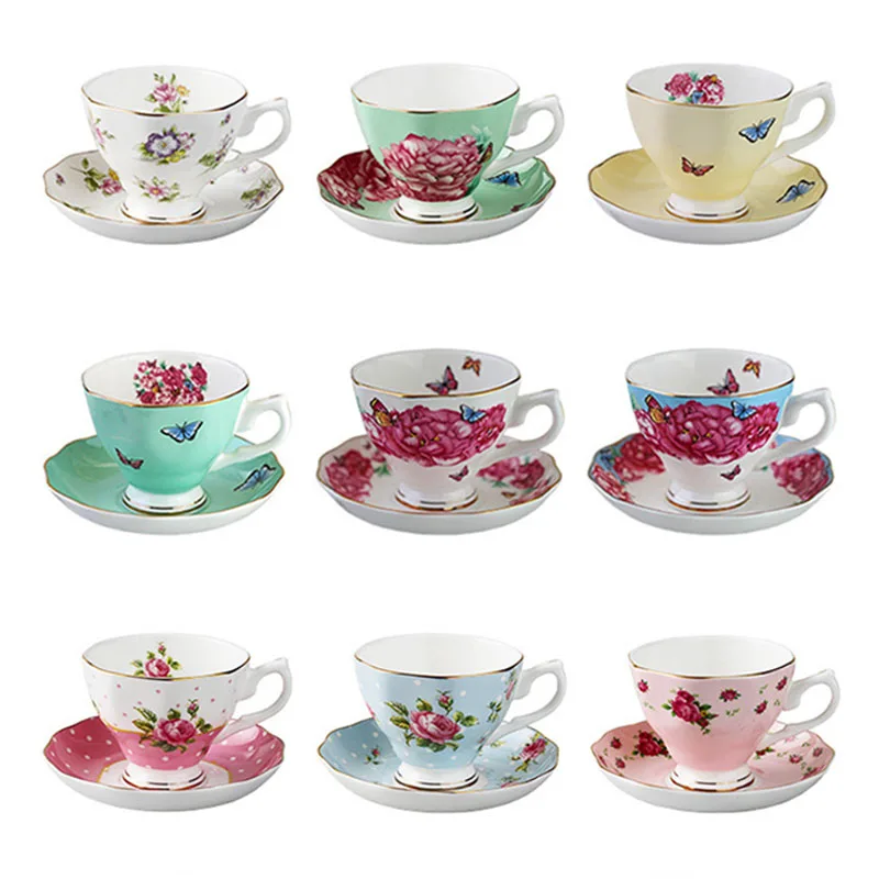 200ml Bone China Coffee Cup Mugs Saucer Set Custom Design luxury Ceramic Flowers Mug Plates for Afternoon Tea