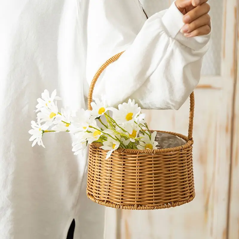Woven flower basket portable plastic rattan basket decorative home flower basket