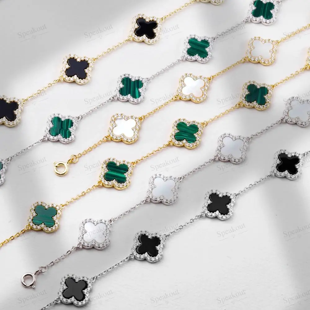 SPJ Brand Vintage S925 Silver Lucky Four Leaf Clover Adjustable Chain 14K Gold Plated Malachite Cz Edge Jewelry Bracelets Women