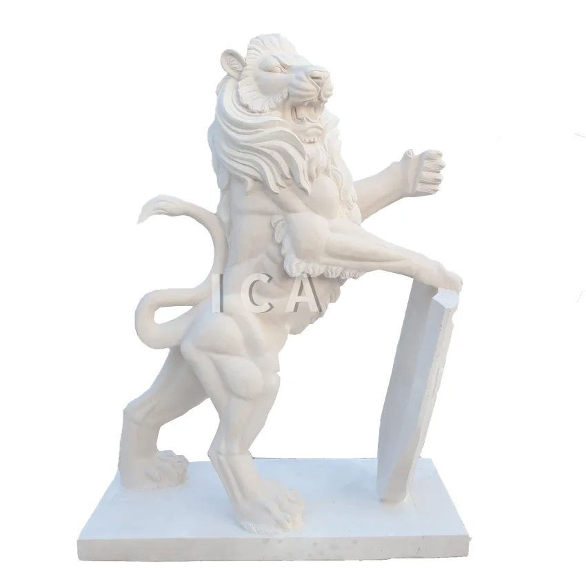 Natural White Marble Stone Standing Lion Sculpture With Shield for Garden Decoration