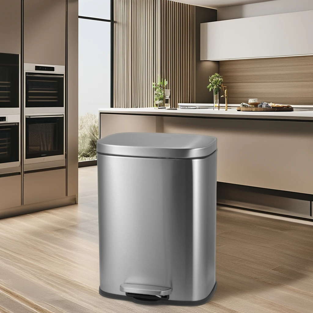 12L Metal Household Waste Bin Rectangle Storage Bucket with Foot Pedal Stainless Steel Lid Capacity Plastic Material