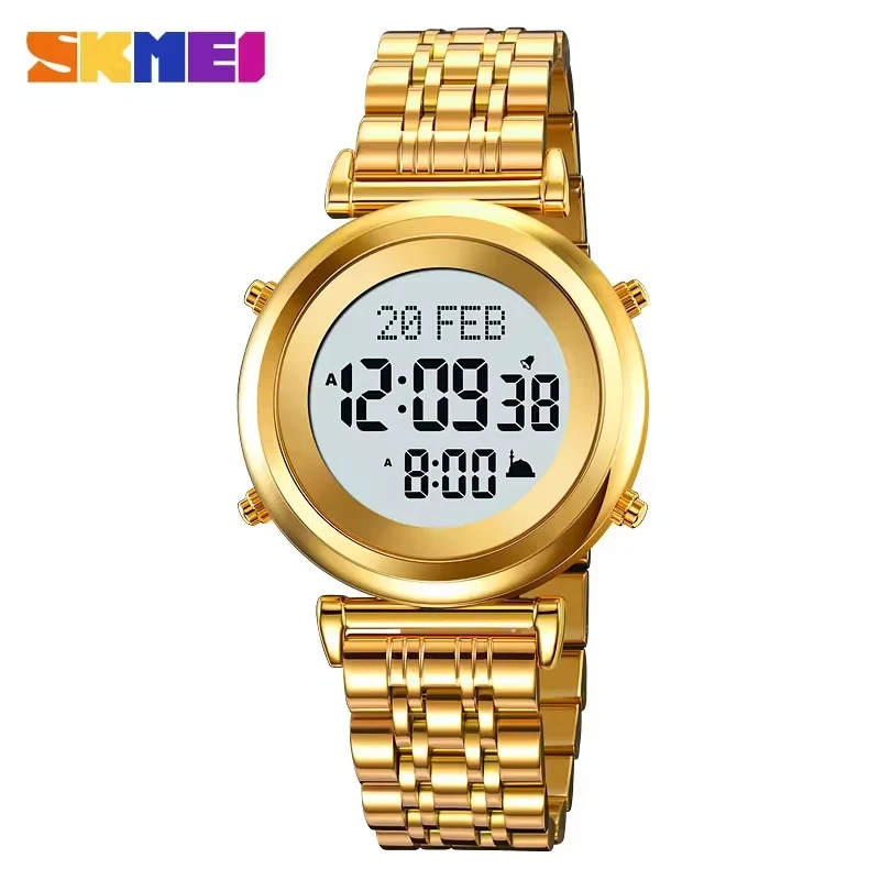 SKMEI 2139 2024 Muslim Azan Digital Watch Mens Back Light Waterproof Steel Hijri Islamic Wristwatch Prayer Qibla Compass Clock