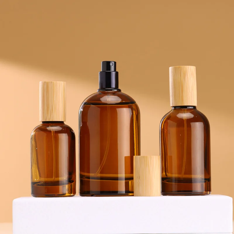 30ml 50ml 100ml  empty amber glass  crimp sprayer perfume bottles with bamboo lids