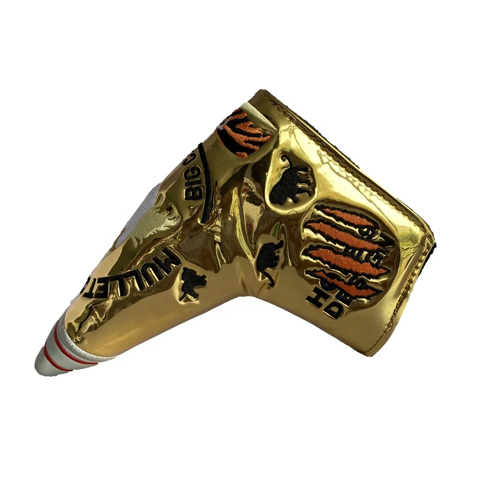 Custom Made Logo Golf Club Headcover Embroidery Golden Shiny PU Magnetic Golf Blade Putter Headcovers