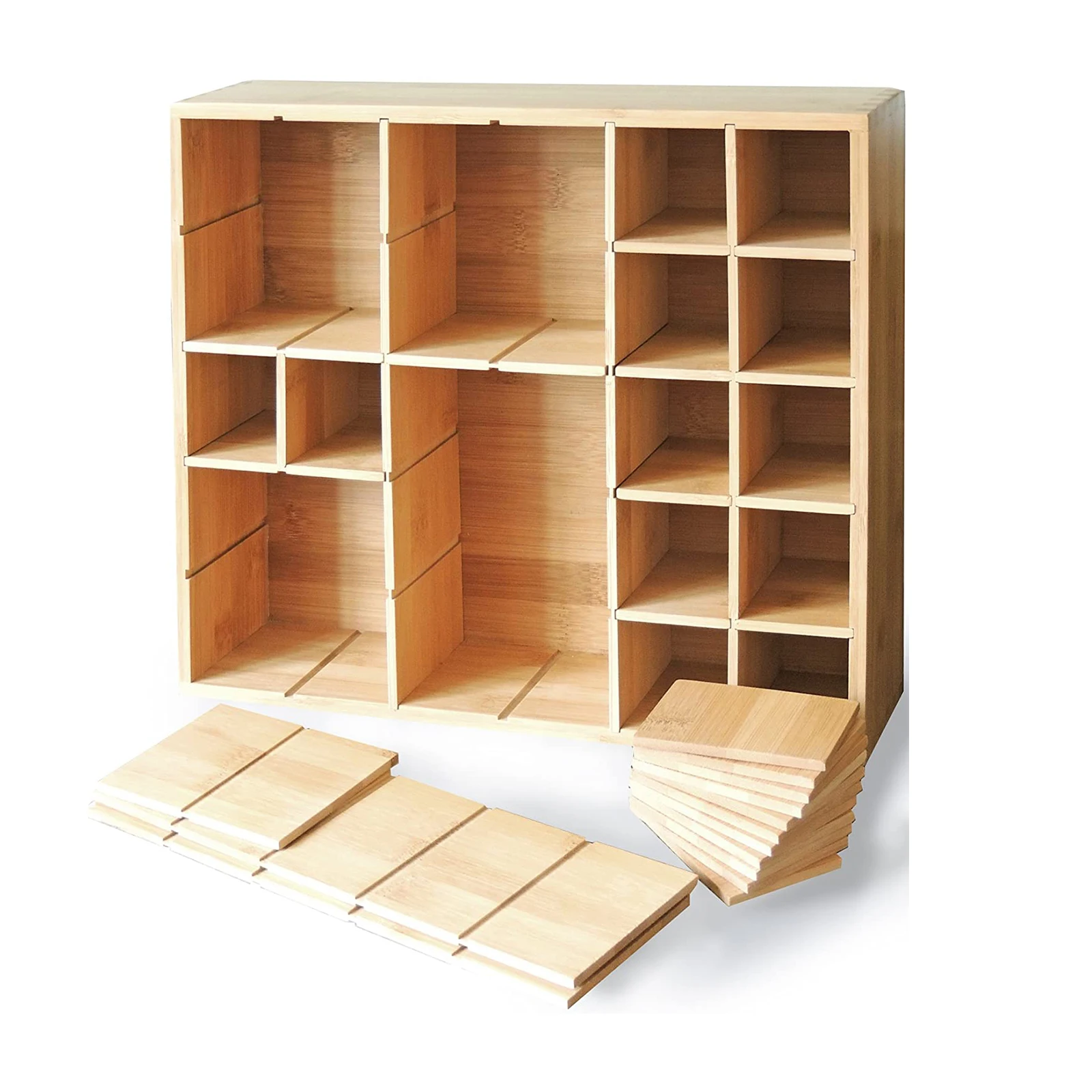 Wooden Spice Rack Shadow Box Adjustable Bamboo Drawer Dividers Organizer for Wall Mount Counter Top Cabinet