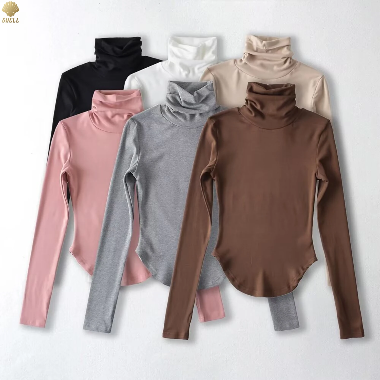 CNSHELL Basic Soft Slim Fit Pullover Turtleneck Fleece Base Shirt Thumb Hole Long Sleeve Top For Women T Shirt