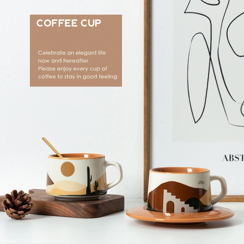 2022 Hot Sell Nordic ins gift oasis morandi ceramic coffee cup set retro breakfast milk flower cup tea cup set