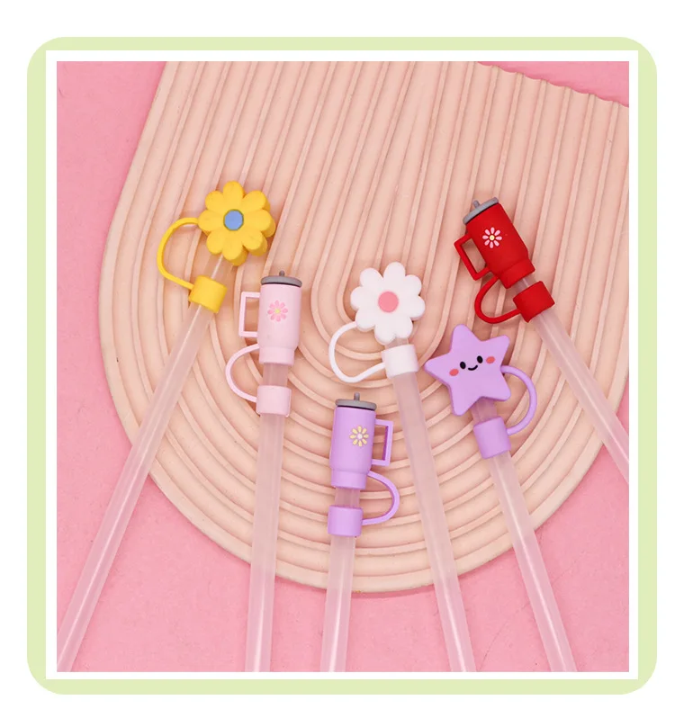 Reusable Silicone Drinking Straw Lids Cartoon Drinking Straw Caps Tips Cover
