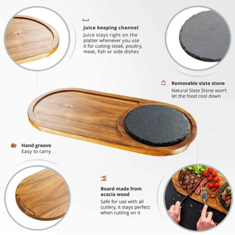 Steak bamboo wooden  Serving Board Charcuterie with Slate Stone marble smart Cutting Board with Handle collecting trays