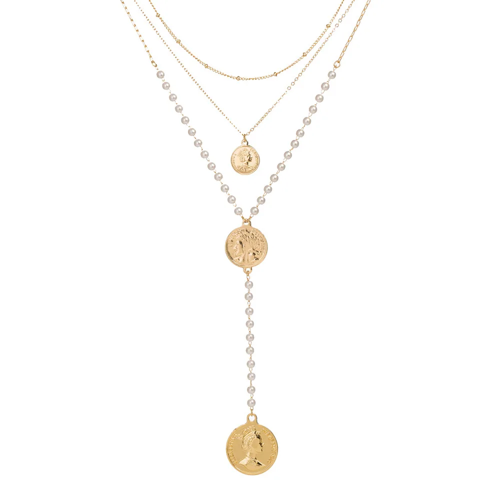 
Wholesale Popular multilayer shell necklace fashion sapphire head pearl letter pendant neck chain 