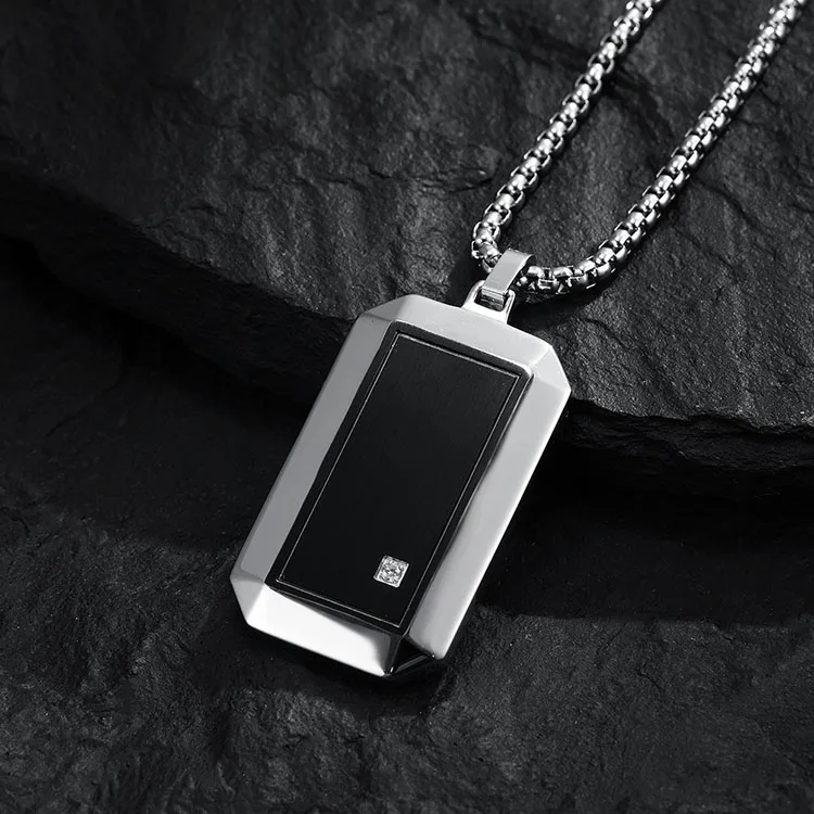 Stainless Steel Solid Design Male Luxury Jewelry Classic Silver Black Plated Two-tone Tag Pendant Necklace
