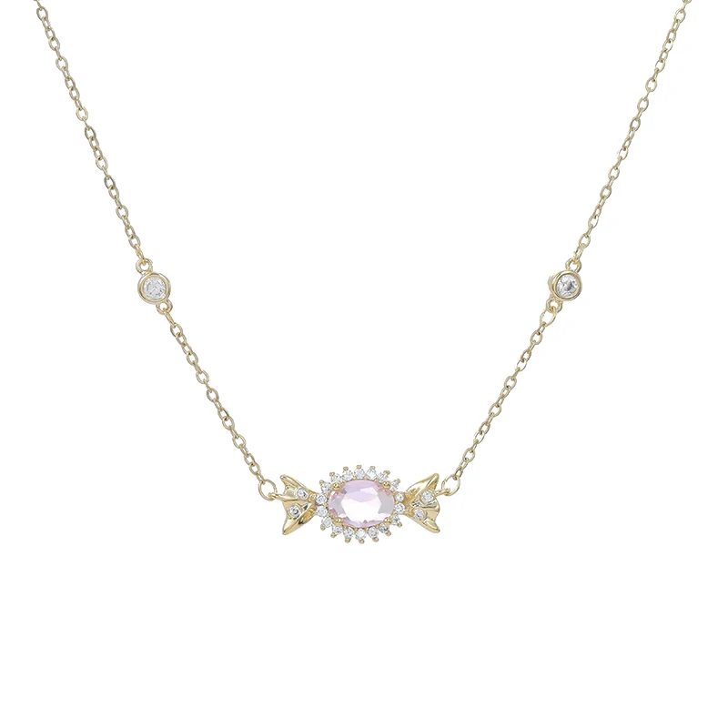 xl63718 Genuine Gold Electroplated Zircon Set Clavicle Chain, Sweet and Fashionable Pink Zircon Candy Necklace for Women