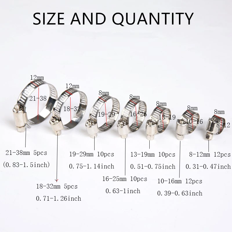 64Pcs Adjustable 8 to 38mm Diameter Clips Worm Gear Hose Clamp Assortment Kit for Various Pipes Automotive Mechanical Use