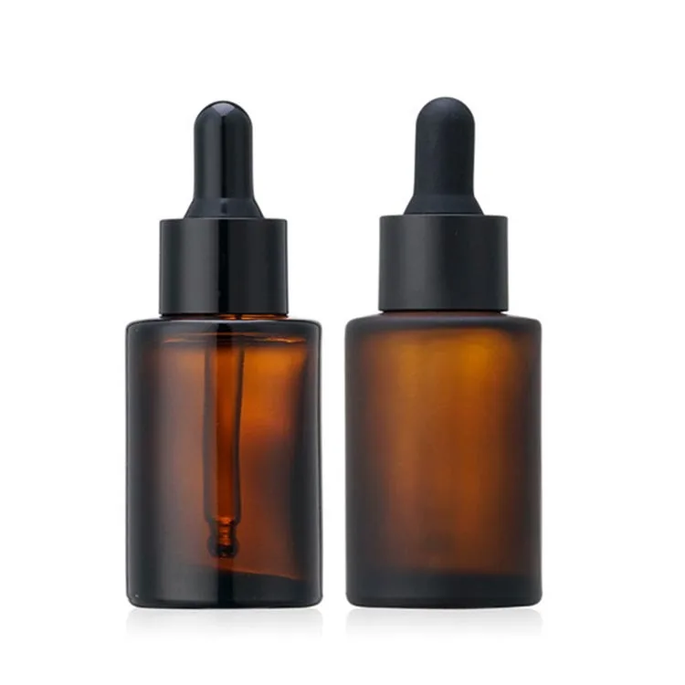 1OZ Amber Frosted Glass Bottle With Dropper flat Shoulder Serum Dropper Bottle Perfume  Essential Oil Bottle 20-410