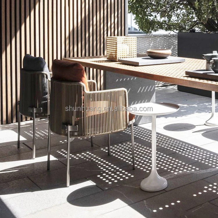 All weather webbing garden furniture outdoor rope dining set with wooden table