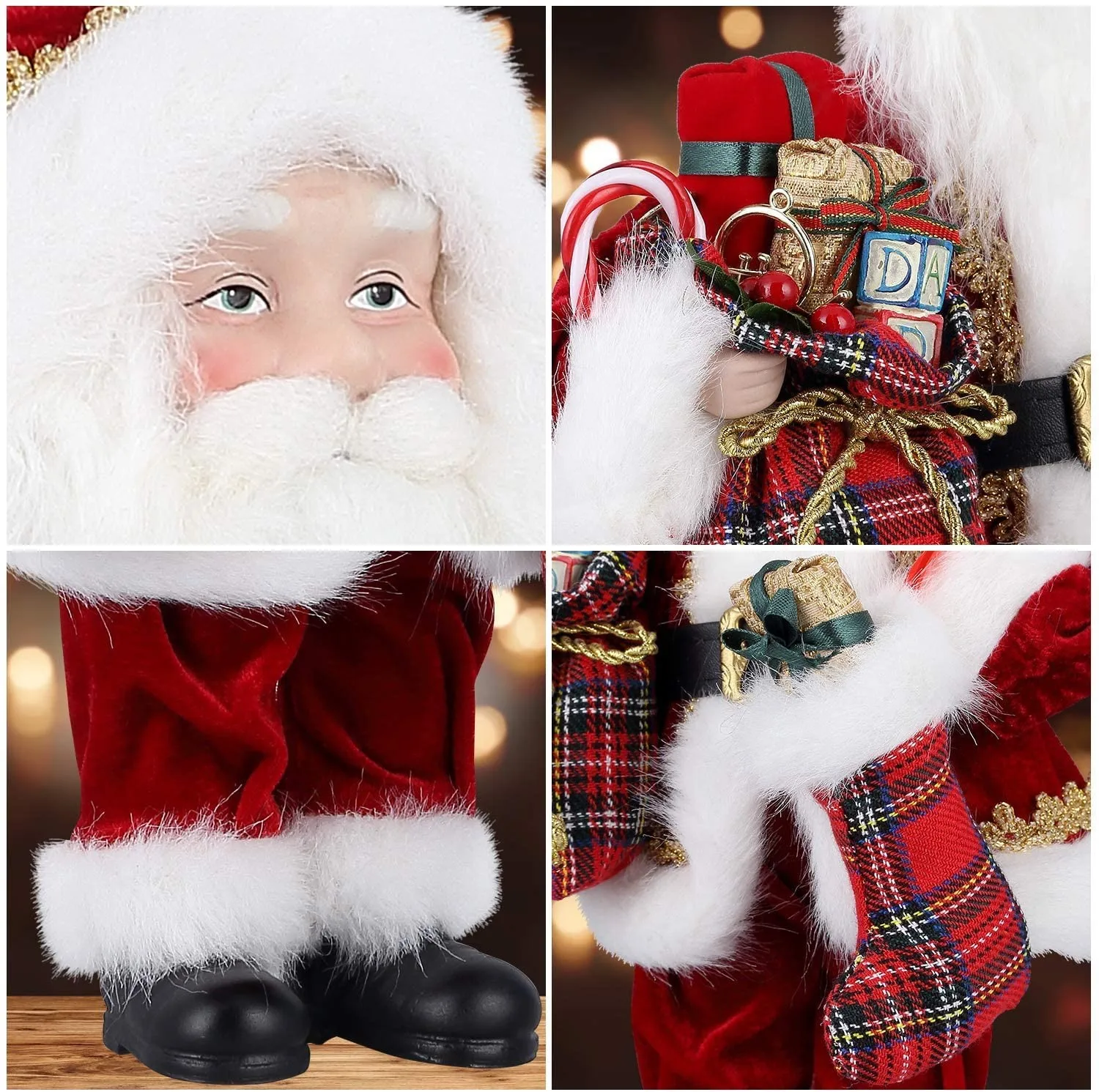 Santa Claus, Christmas Figurine Figure Decor with Christmas Sock and Gifts Bag for Holiday Party Home Decoration