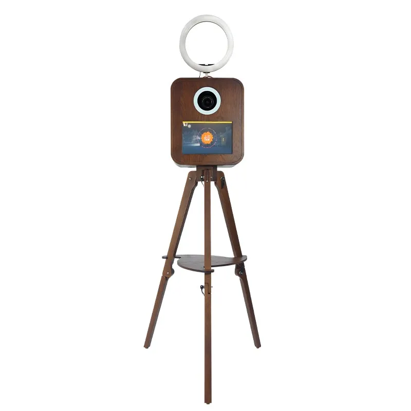 Red Oak Portable Photobooth Kiosk Vintage Wooden Selfie Photo Booth for DSLR Cameras with Printer Stand or Tray