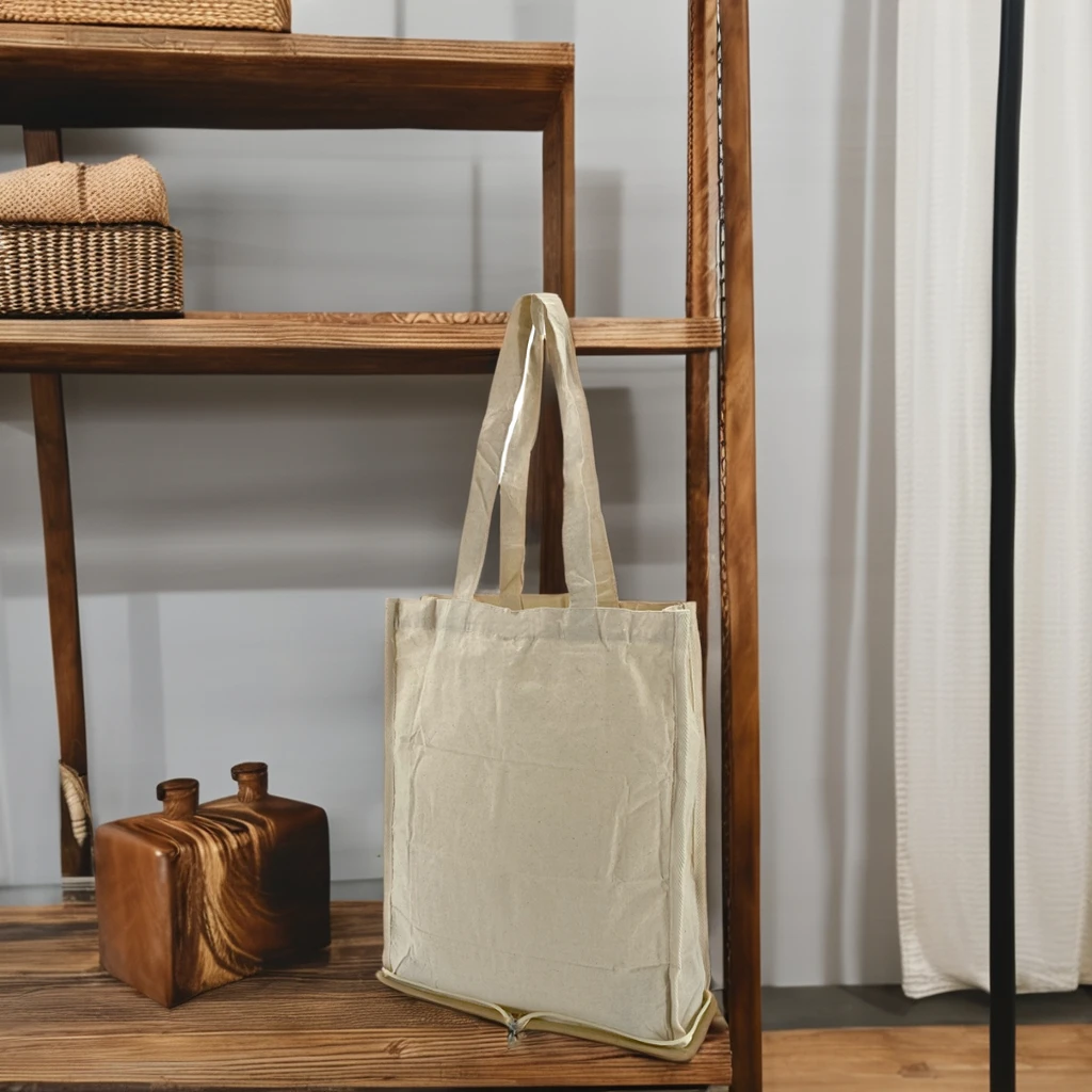 Custom logo Blank Reusable Portable Folded Zipper Linen Pocket Beige Cotton Canvas Gift Tote Shopping Bag for Supermarket