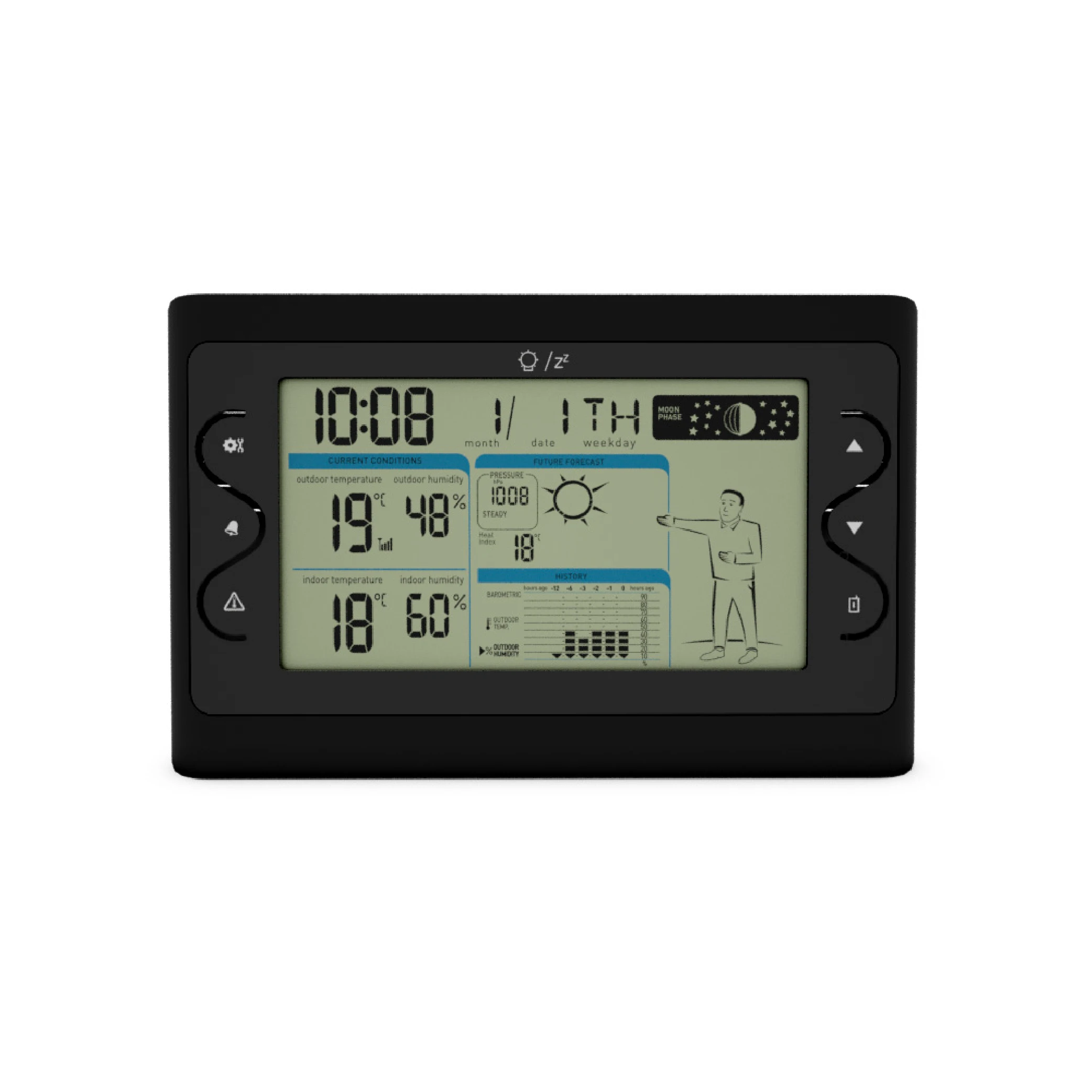 Thermometer digital alarm clock with wearing clothing index historical barometric/outdoor temperature and humidity record trends