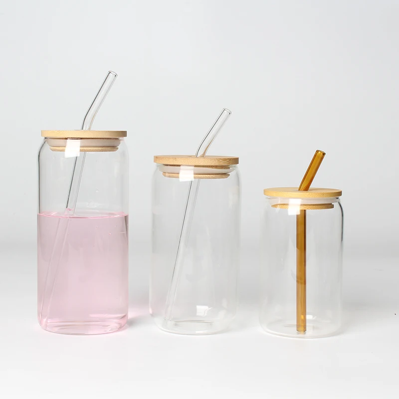 Soda Drinking Coffee Cup Libbey Can Shape Beer Glass with Straw and Bamboo Lid Wholesale Custom Logo 16oz Wedding Eco-friendly