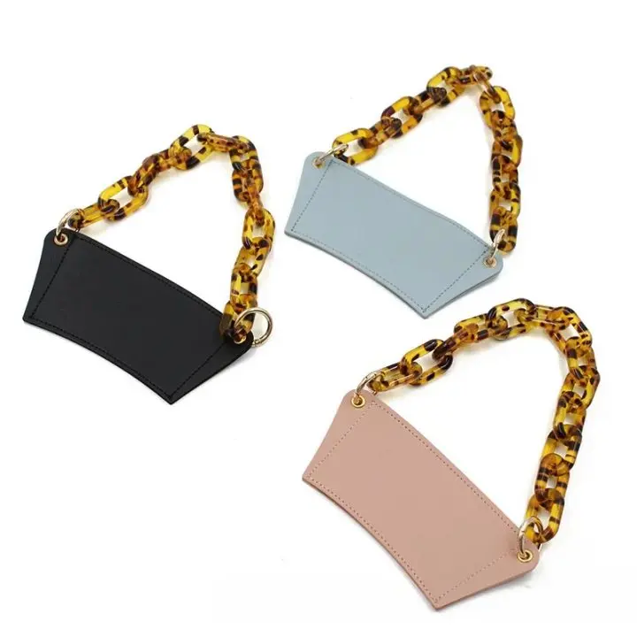 INS Style Fashion Eco Friendly Reusable PU Leather Coffee Cup Sleeve With Acrylic Chain