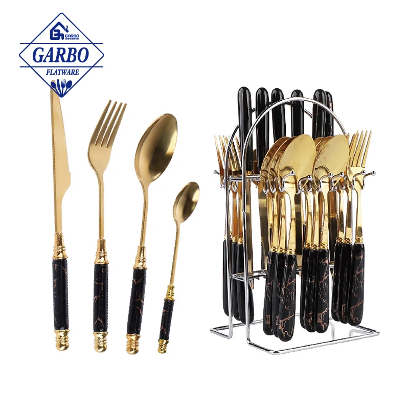 24PCS Gilded Stainless Steel gold silverware Flatware Set With Ceramic Handle luxury cutlery set Kitchen Stock Metal Shelf