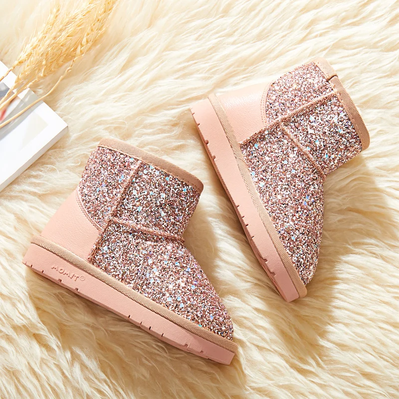 winter children slip-on shoe shiny glitter sparkle sheepskin luxury snow boots for kids girl