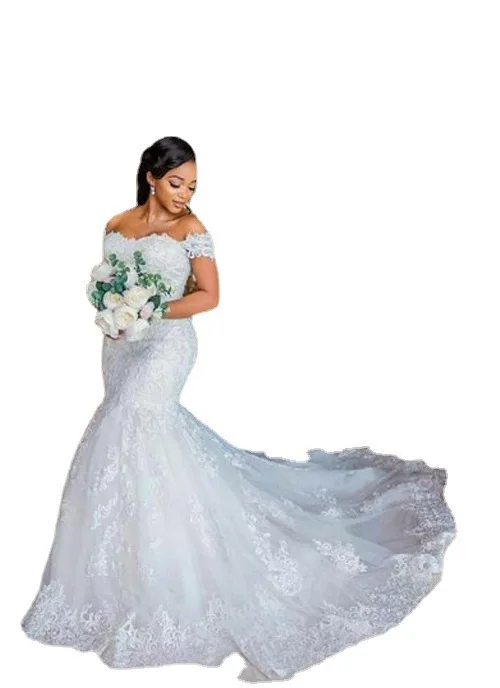 2022 Fashion Mermaid African Lace Appliqued Wedding Dress Boat Neck Off Shoulder Bridal Gown