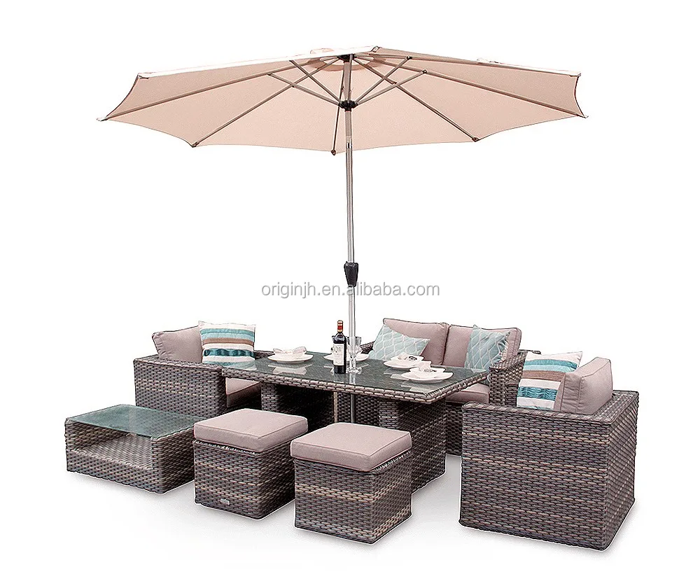 Many useful functions garden 7 pieces central parasol hole rattan dining set patio furniture rattan outdoor