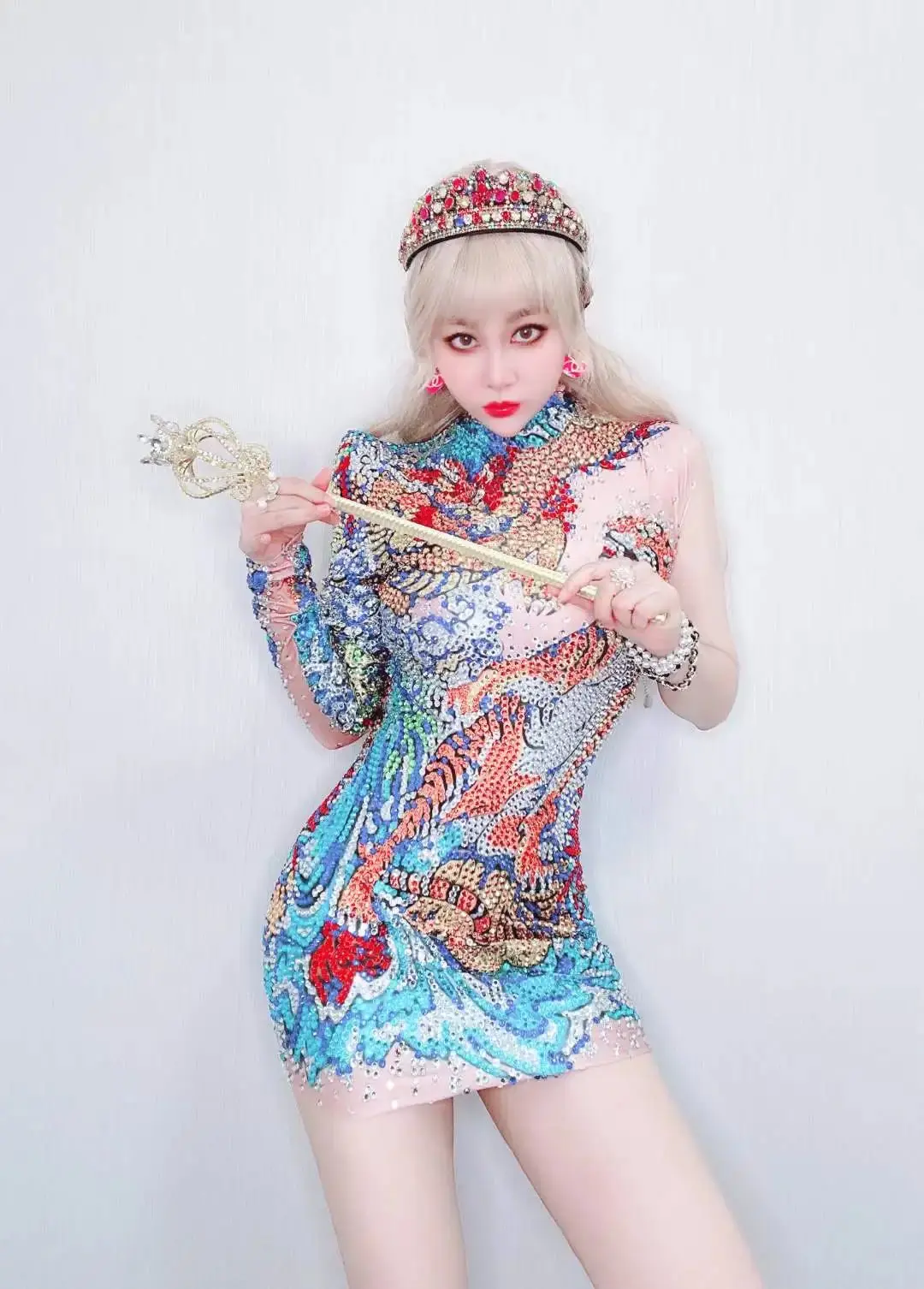 Luxurious Women Sexy Short Dress Full Rhinestone Single Shoulder Birthday Party Stage Wear Celebrate Drag Queen Outfit