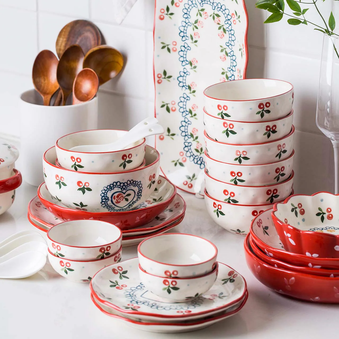 MONAZONE Japanese creative cherry ceramic tableware large plate dish salad bowl long fish plate bowl dinnerware set