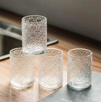 Vintage Bohemian wine glass set, luxurious flower relief decoration, transparent glassware