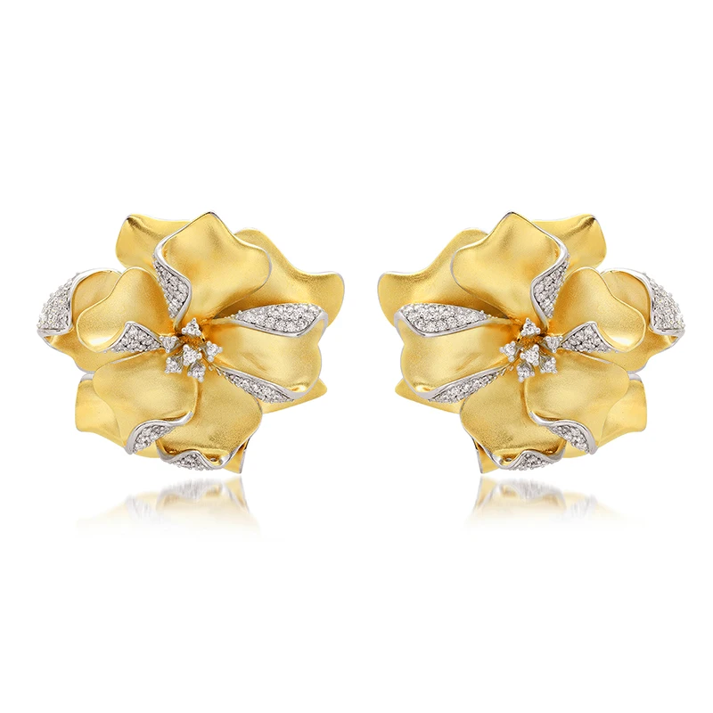 Wholesale Dubai Gold Jewelry Designer 925 Silver Zircon 18k Plated Matte Big Flower Statement Earrings Stud Arabic Women