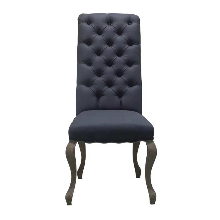French Style Linen Button Tufted Oak Wood Dining Chair P0070-1