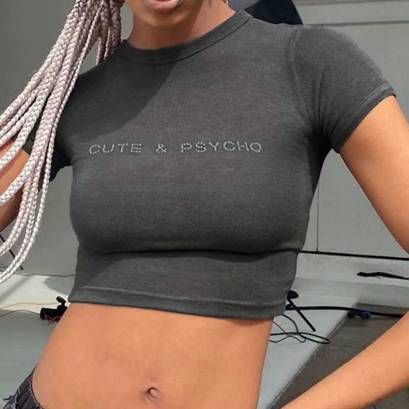 Manufacturer Good Quality High Fashion Rib Cotton Cotton Short Women Summer Rhinestone Stretchy Crop Top Baby Tee